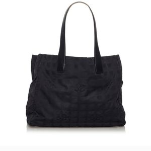 Authentic Chanel Quilted Logo Nylon Jacquard leather trim Black Tote